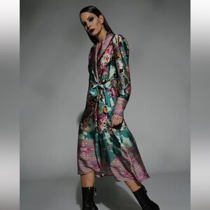 Milva Mi Floral Satin Collared Shirt Dress Size 6 (IT 42) Green